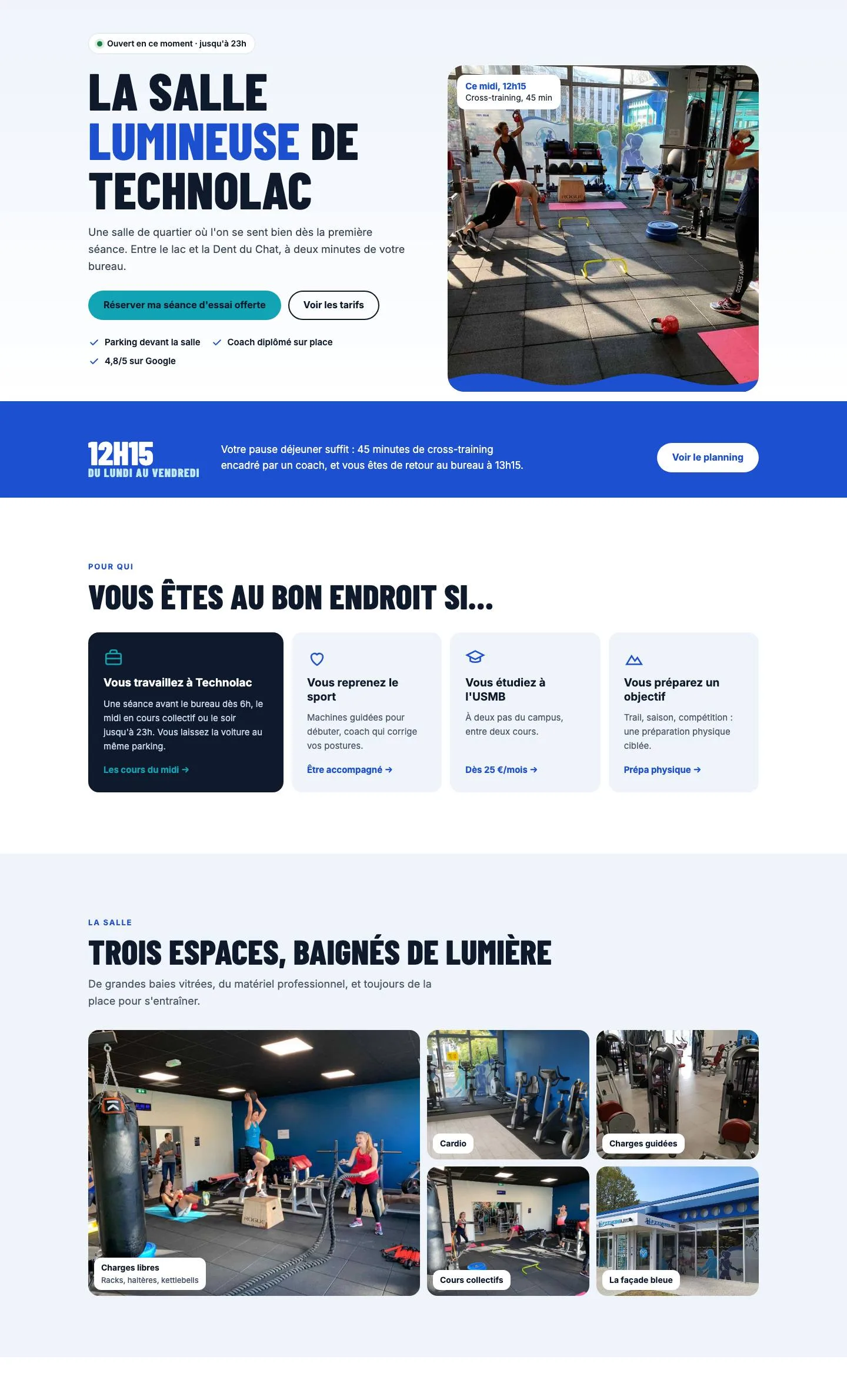 Page d’accueil du site FitnessLac sur ordinateur, de l’en-tête à la présentation des espaces.