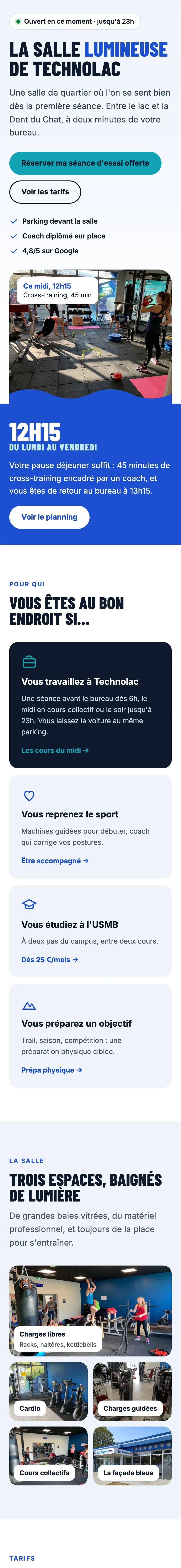 Le site FitnessLac sur téléphone : accueil, pause déjeuner, profils et espaces de la salle.