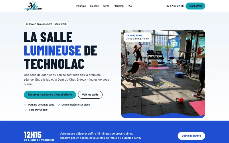 Page d’accueil du site FitnessLac réalisé par Studio Aria : « La salle lumineuse de Technolac ».